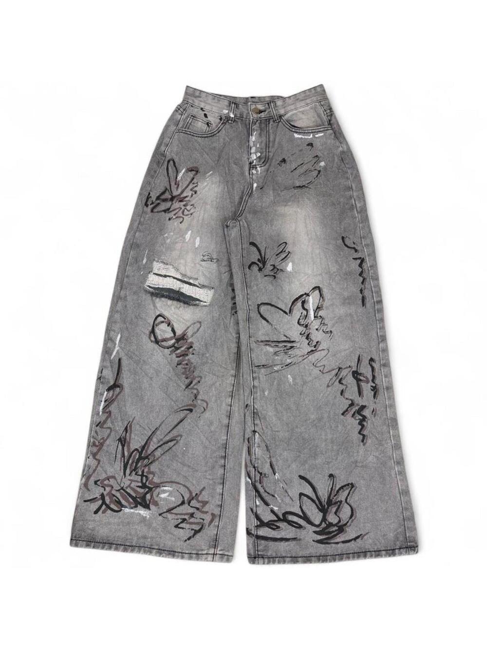 Baggy Grey shade painted design denim jeans